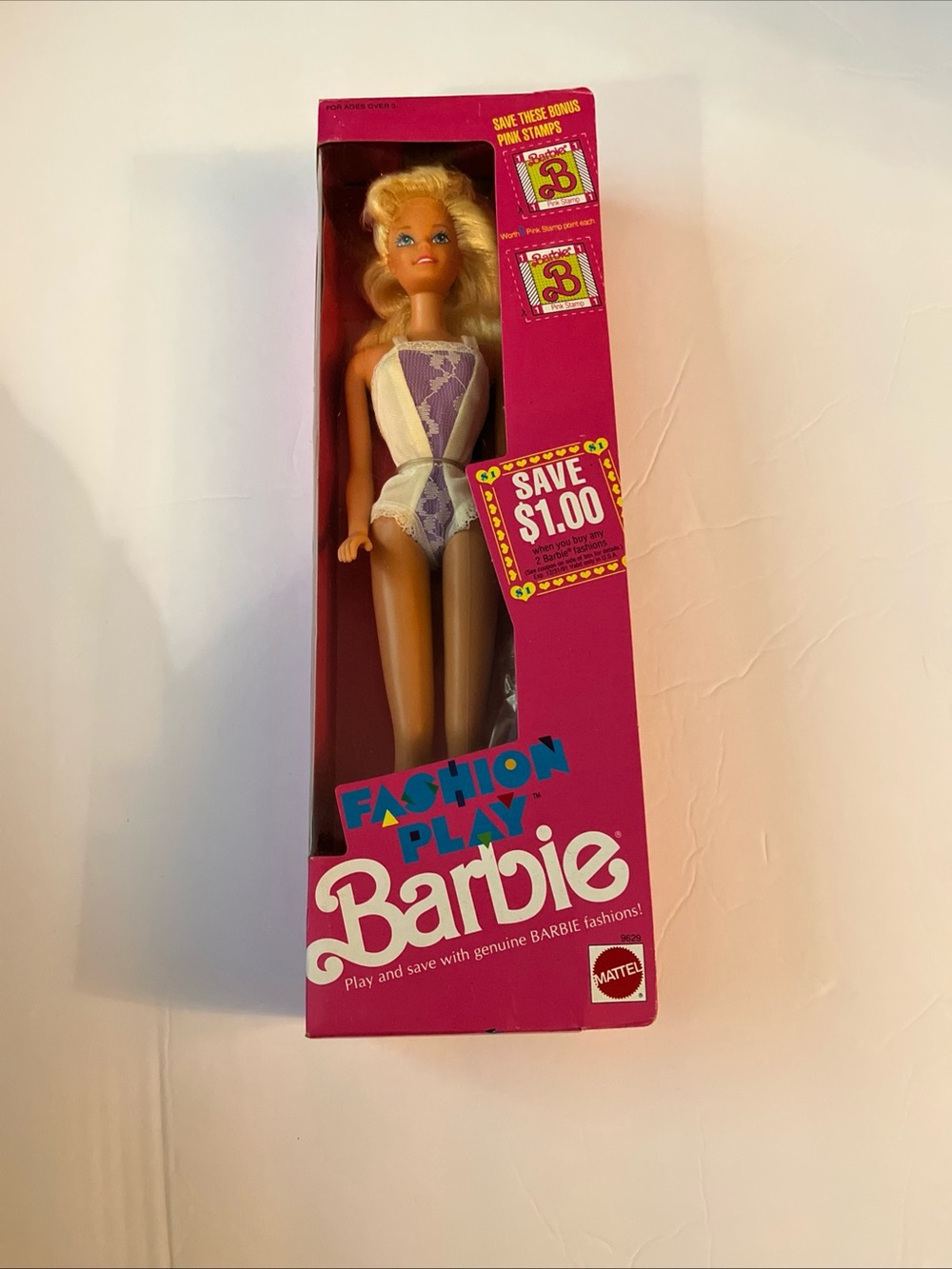 Vintage Mattel Blonde Barbie in Purple and White Swim Outfit